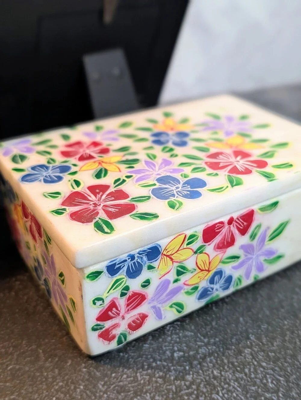Hand Painted Genuine Marble Vanity Set - Frame And Trinket Box NWOT